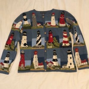 Northern Isles Button Up Sweater with Lighthouses